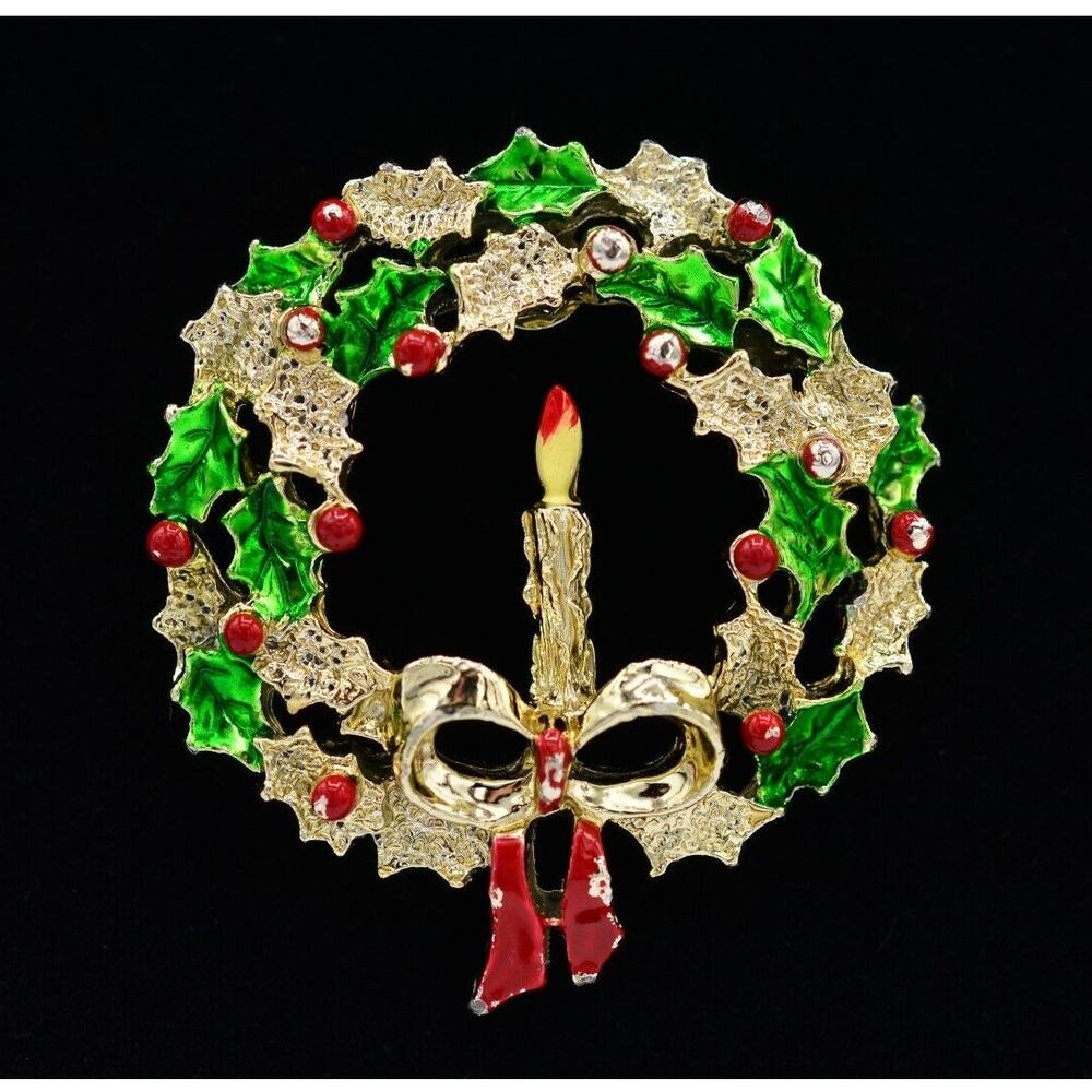 Gerry's Vintage Wreath Pin Brooch Christmas Candle Holiday Signed 1980s 9B